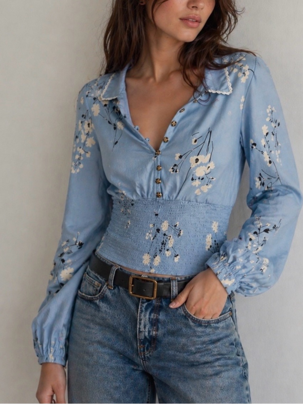 Maeve Anthropologie Blue Floral Smocked Button Down Blouse Size S